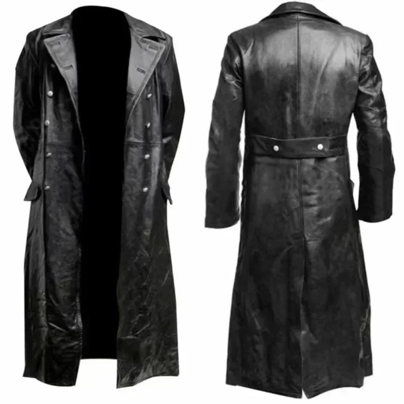 Black Leather raincoat officer military classic German menswear  coat men  long jackets for men