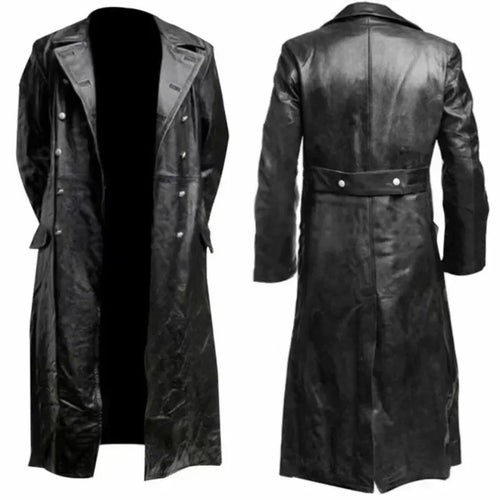 Black Leather raincoat officer military classic German menswear  coat men  long jackets for men