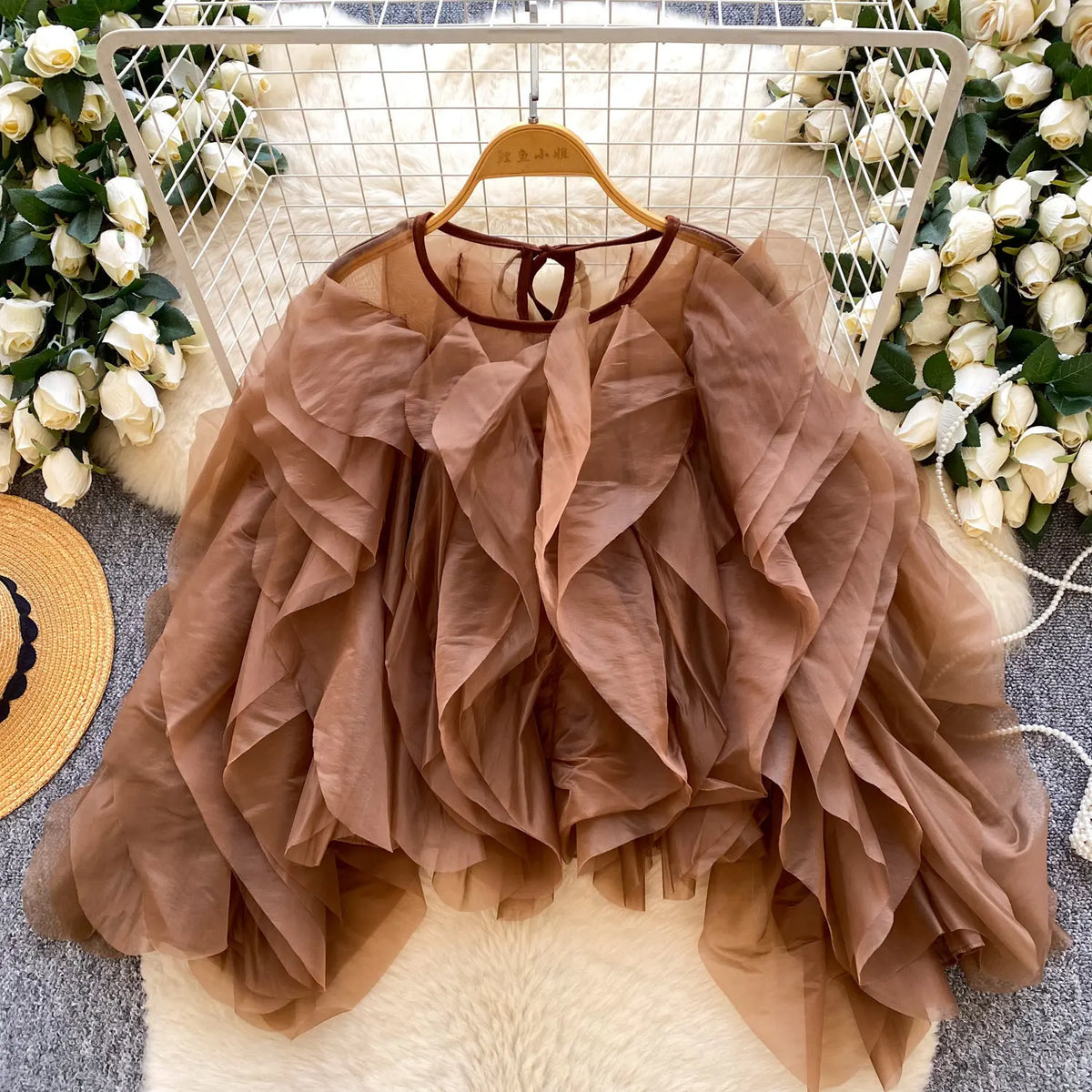 2026 New Spring Autumn Women Korean Style O-neck Long Sleeve Shirt Multi Layer Ruffles Solid Color Chiffon Shirt Tops