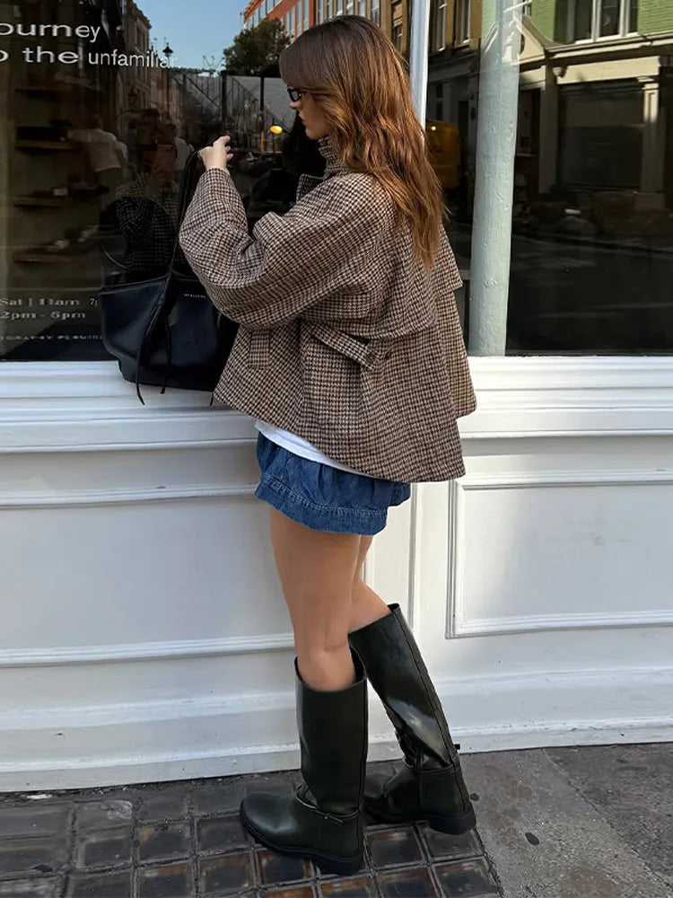 Stand Collar Plaid Short Jacket Woman Single Breasted Long Sleeve Pocket Loose Coats Casual Street Women's New Versatile Jackets