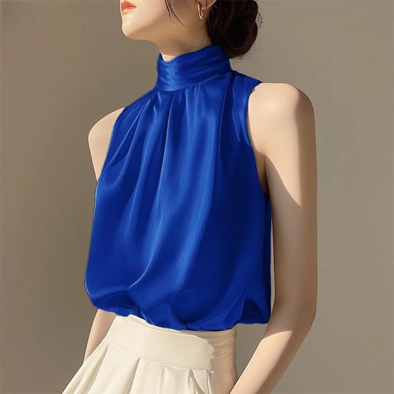 2025 Silkly Satin Sleeveless Crop Top Summer Half Turtleneck Women Pulover Tee Halter Vest Lady Loose Shirts Red party Blouses