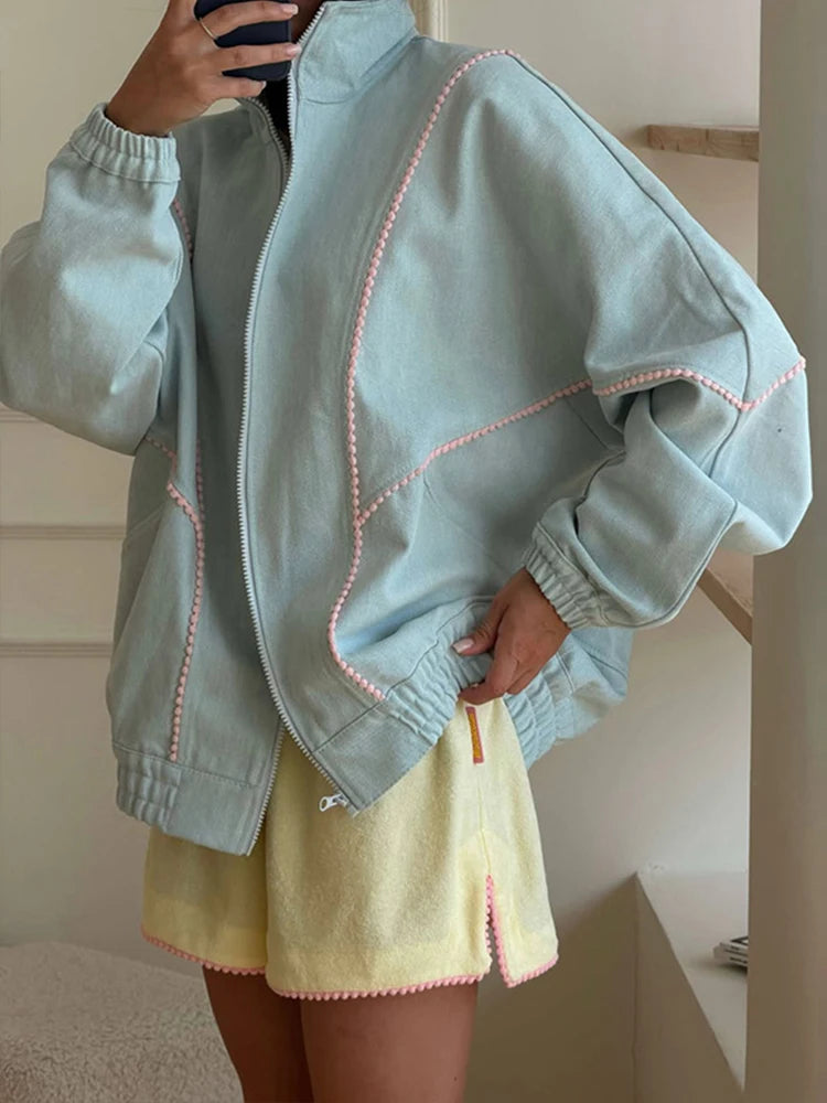 Denim Contrast Jackets Women Standneck Long Sleeves Zipper Loose Coats Female 2026 Autumn New Chic Fashion Casual Outwears Lady