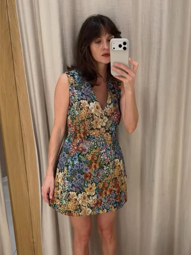 Women Retro Floral V Neck Sleeveless Mini Dress French Style Sleeveless Waist Slim Casual Sundress Daily Vacation Street Outfit