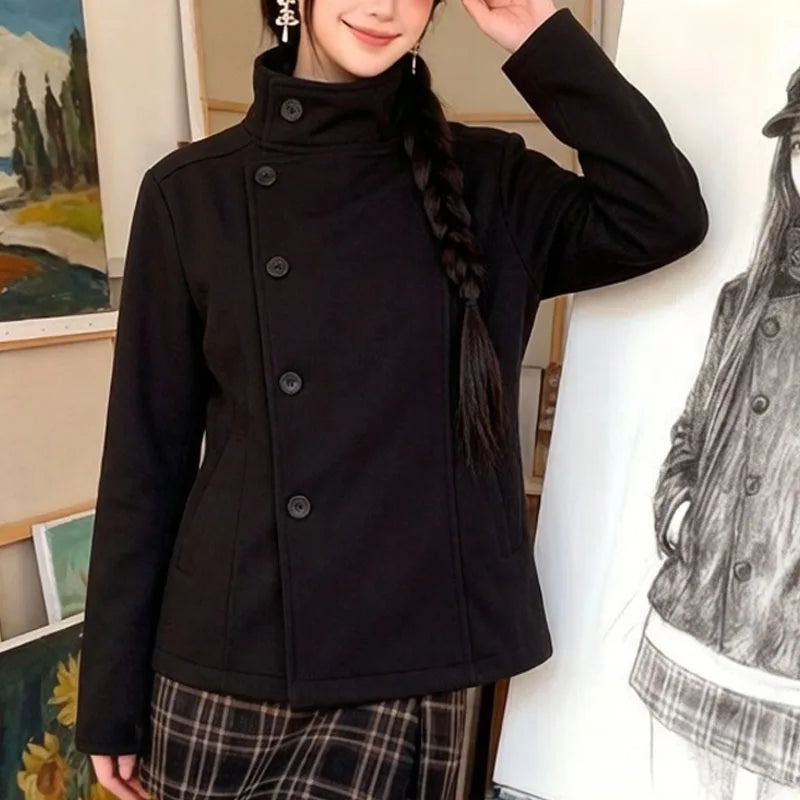 Fall Winter Stand Collar Women Woolen Coat Single Breasted Loose Female Long Sleeve Jacket Fashion Office Lady Street Short Coat