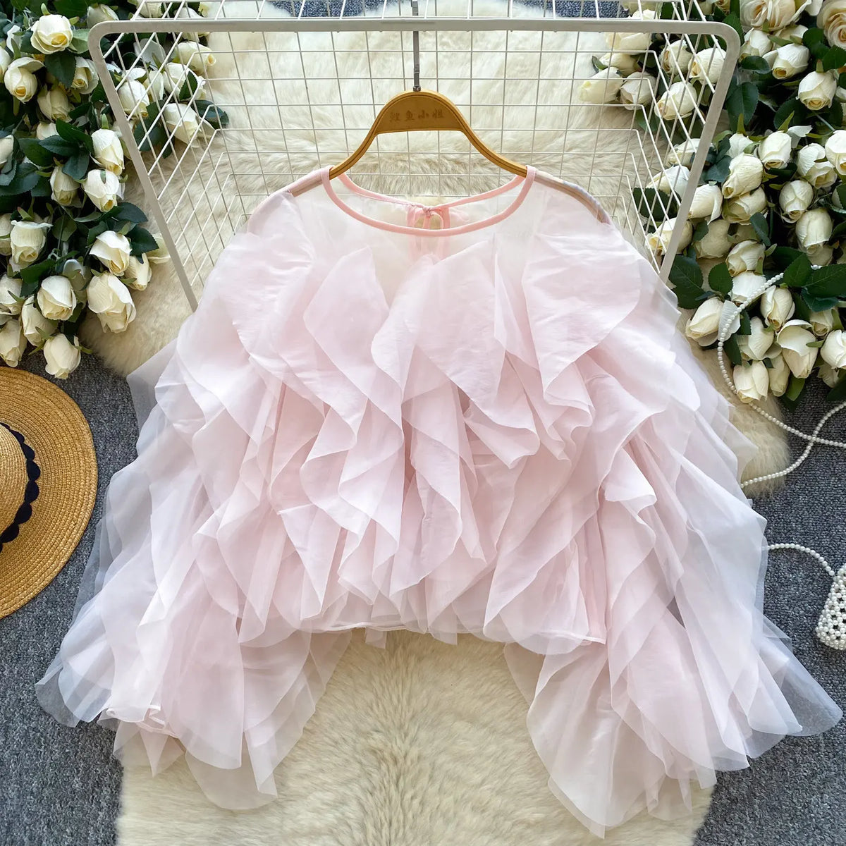 2026 New Spring Autumn Women Korean Style O-neck Long Sleeve Shirt Multi Layer Ruffles Solid Color Chiffon Shirt Tops