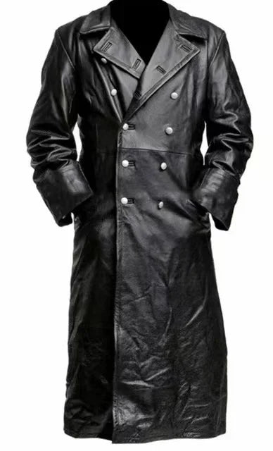 Black Leather raincoat officer military classic German menswear  coat men  long jackets for men