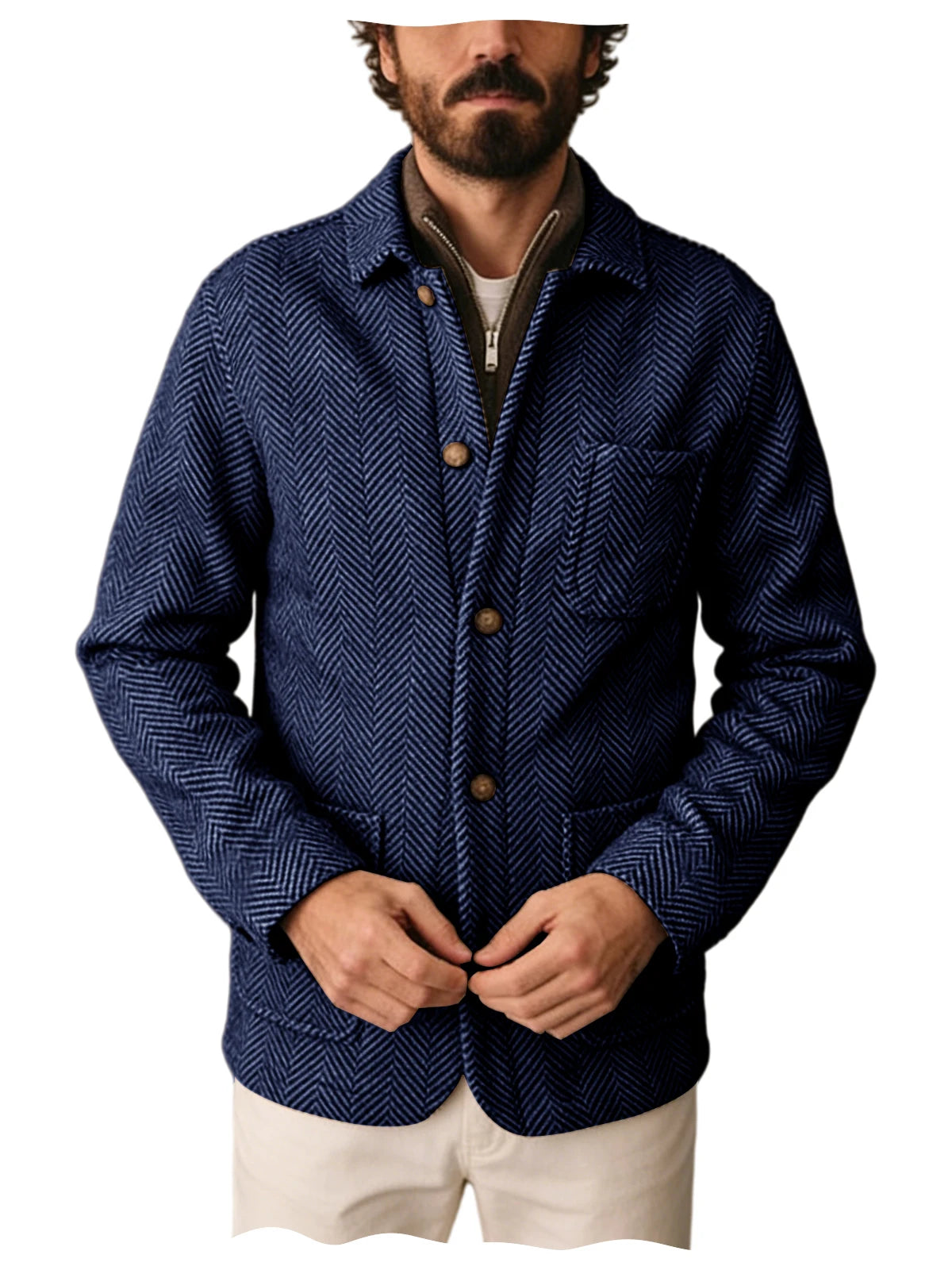Vintage Men's Herringbone Pattern Blazer Wool Blend Lapel Collar Slim Fit Breathable Jacket Business Casual For DailyWear Office