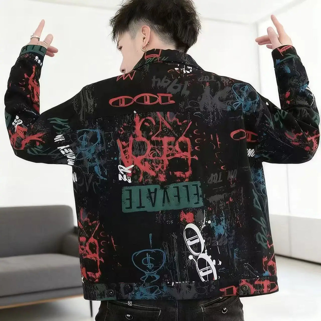 Vintage Loose Men's Print Denim Jacket Spring Autumn Casual Long Sleeve Outerwear Coat