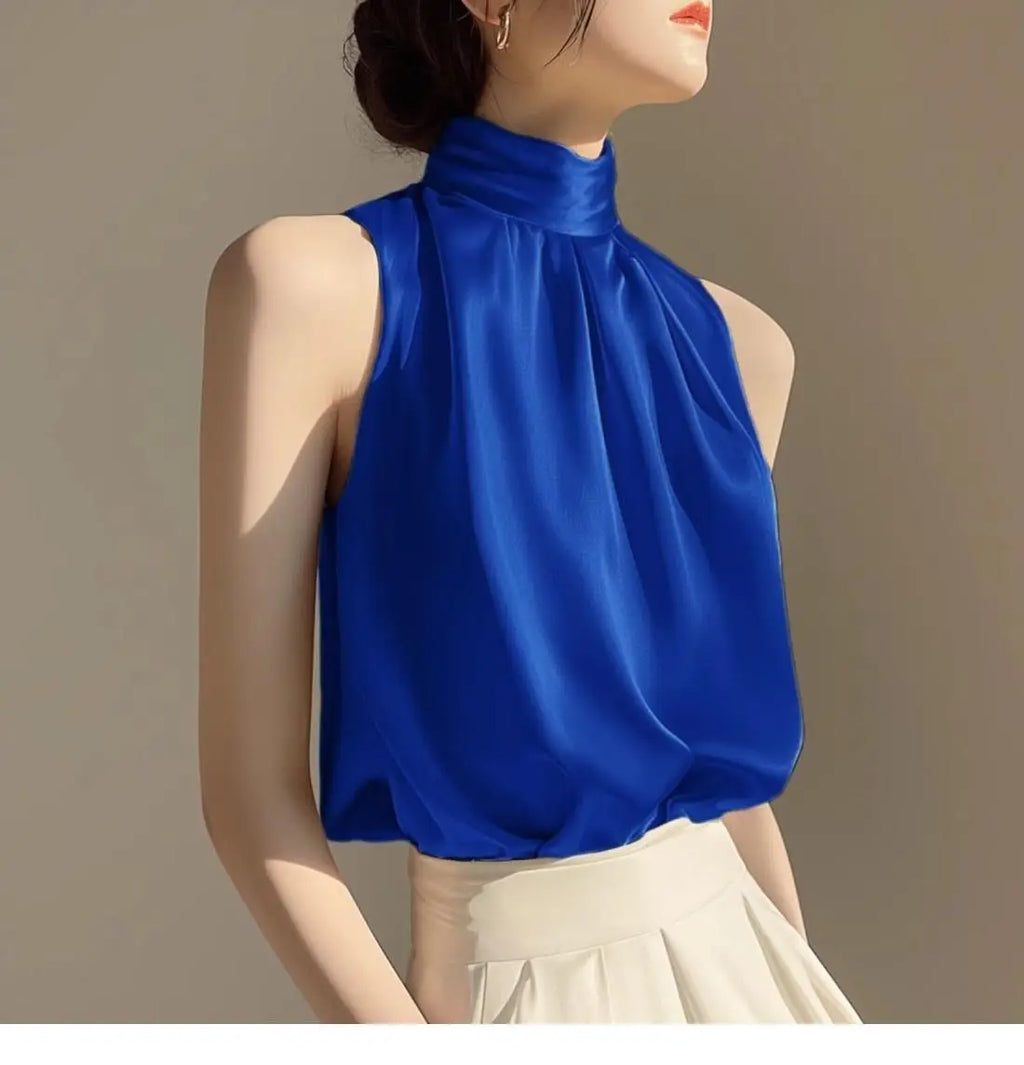 2025 Silkly Satin Sleeveless Crop Top Summer Half Turtleneck Women Pulover Tee Halter Vest Lady Loose Shirts Red party Blouses