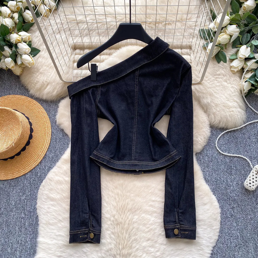 Blouses Women Denim Shirt Vintage Turn Down Collar Full Sleeve Tops Y2k Streetwear Elegant Splice Shirts Slim Fit 2026 Autumn