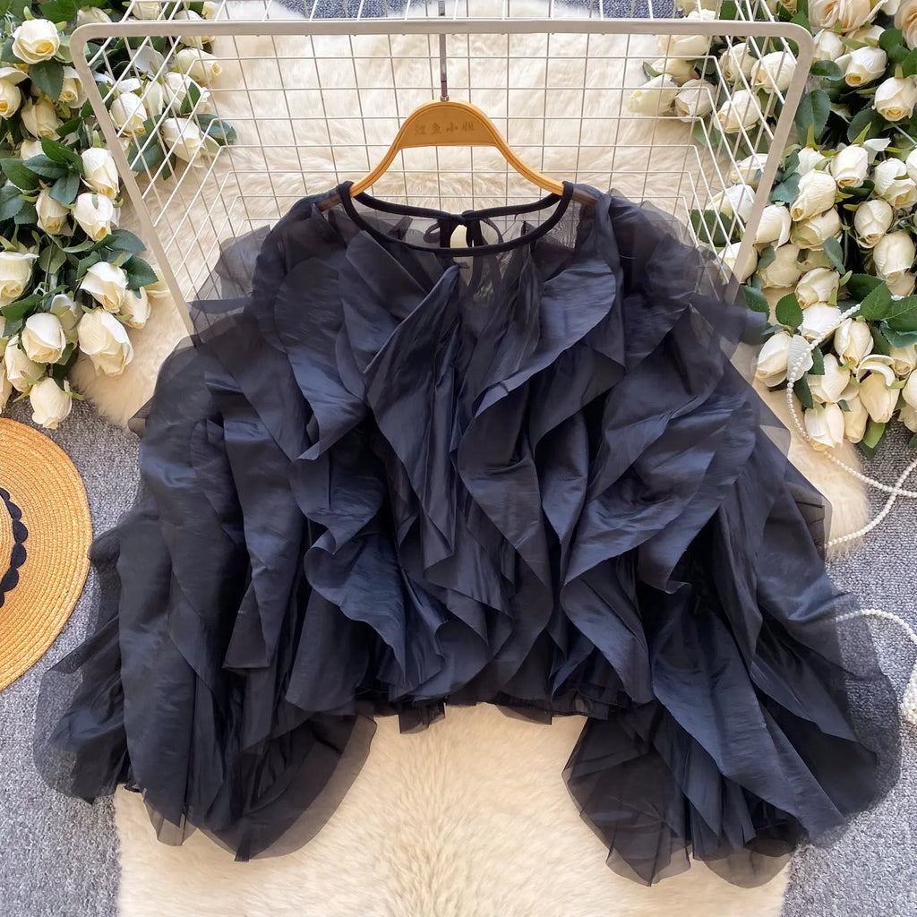 2026 New Spring Autumn Women Korean Style O-neck Long Sleeve Shirt Multi Layer Ruffles Solid Color Chiffon Shirt Tops
