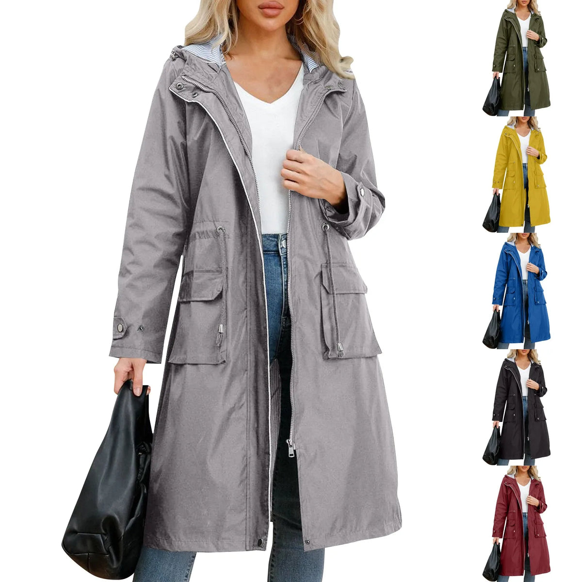 Women's Chic Hooded Long Sleeved Solid Color Trench Coat With Striped And Straight Tube Jacket Elegant British Style Windbreake