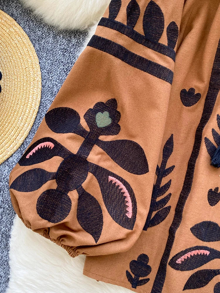 Spring Autumn New Vintage Lantern Sleeve Shirt Women's Embroidered Round Neck Strap Loose Casual Versatile Hoodie Blouse Top D11