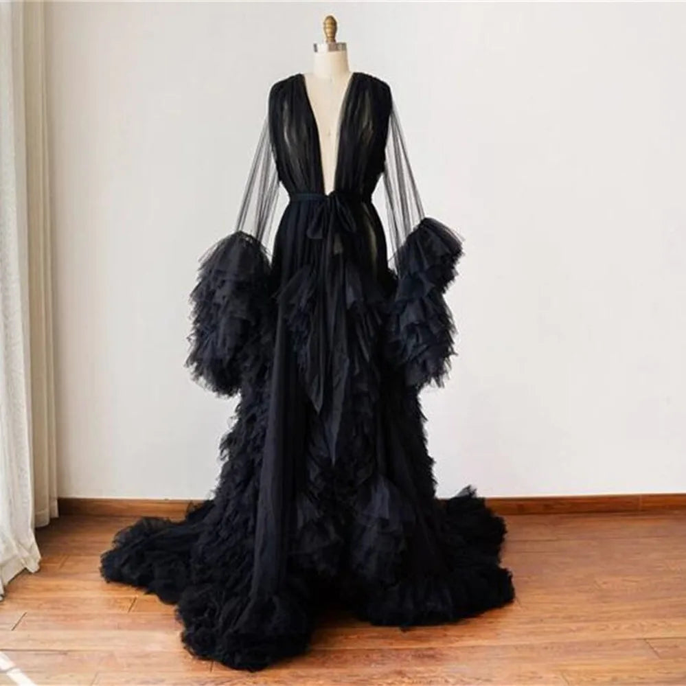 Women's Burgundy Photography Dress Sexy Robe Nightgown Ruffles Sleepwear Lace Tulle Bathrobe Pajamas Prom Bridesmaid Shawl