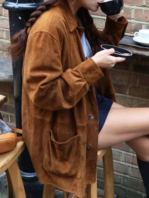 Vintage Lapel Long-sleeved Button-up Solid Color Jacket 2024 Women's Spring and Autumn Fashion Baggy Street Style Pocket Jacket