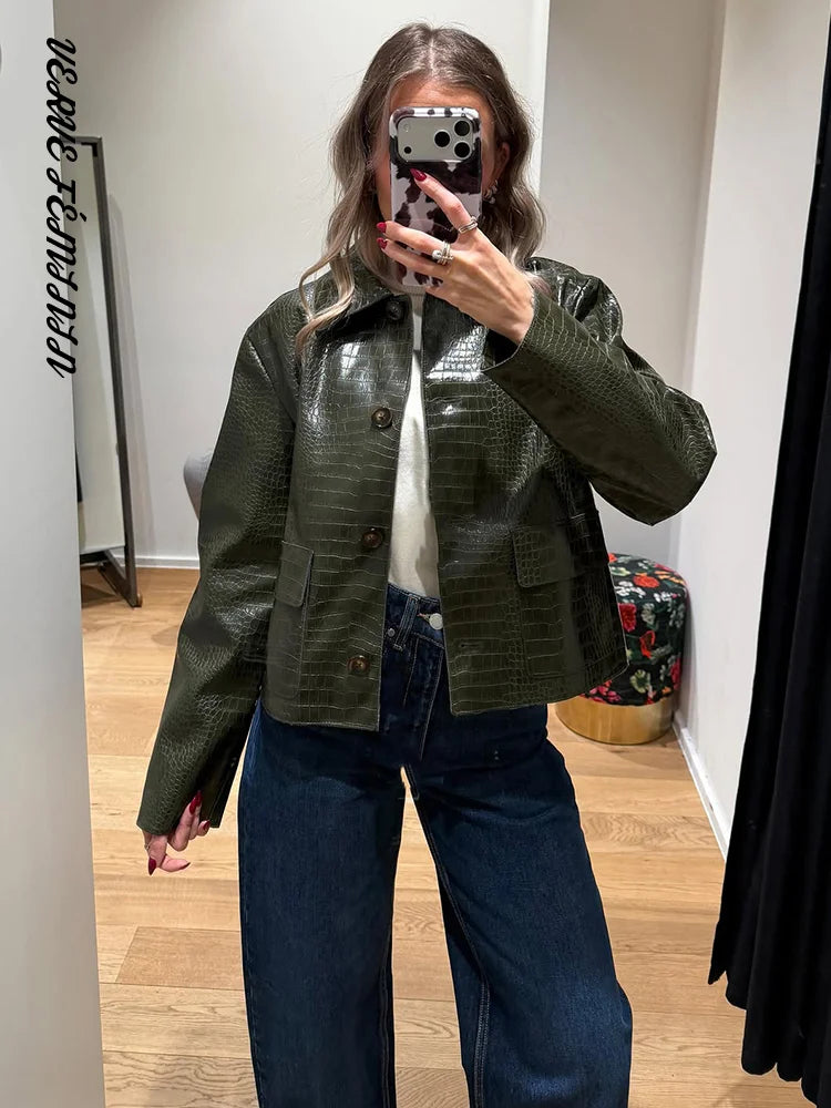 Lapel Long Sleeve Faux Leather Jacket Women Street Turn-down Collar Single Breasted Loose Coats Chic Lady Jackets New Outerwears