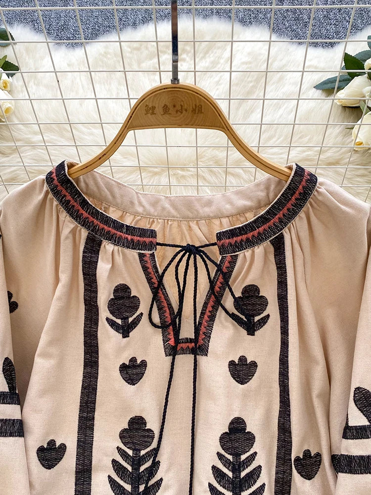 Spring Autumn New Vintage Lantern Sleeve Shirt Women's Embroidered Round Neck Strap Loose Casual Versatile Hoodie Blouse Top D11