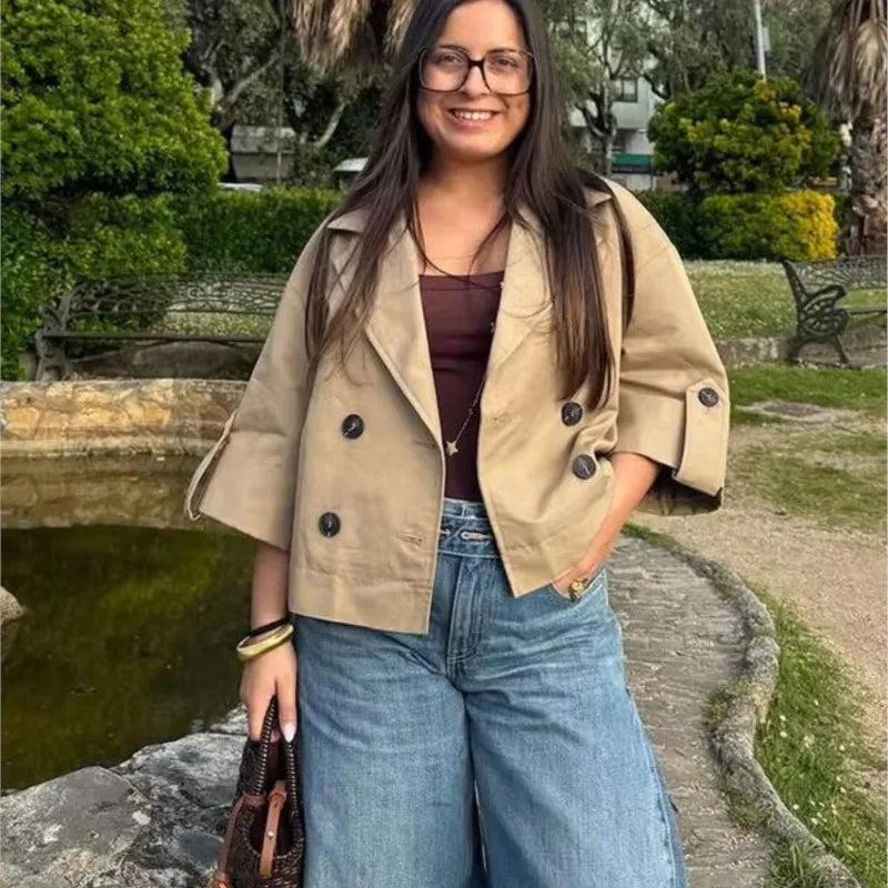 Women's Short Trench Coat New 2026 Spring Autumn Women Rolled-Up Sleeves Button Solid Color Elastic Waist Outerwear Female Tops