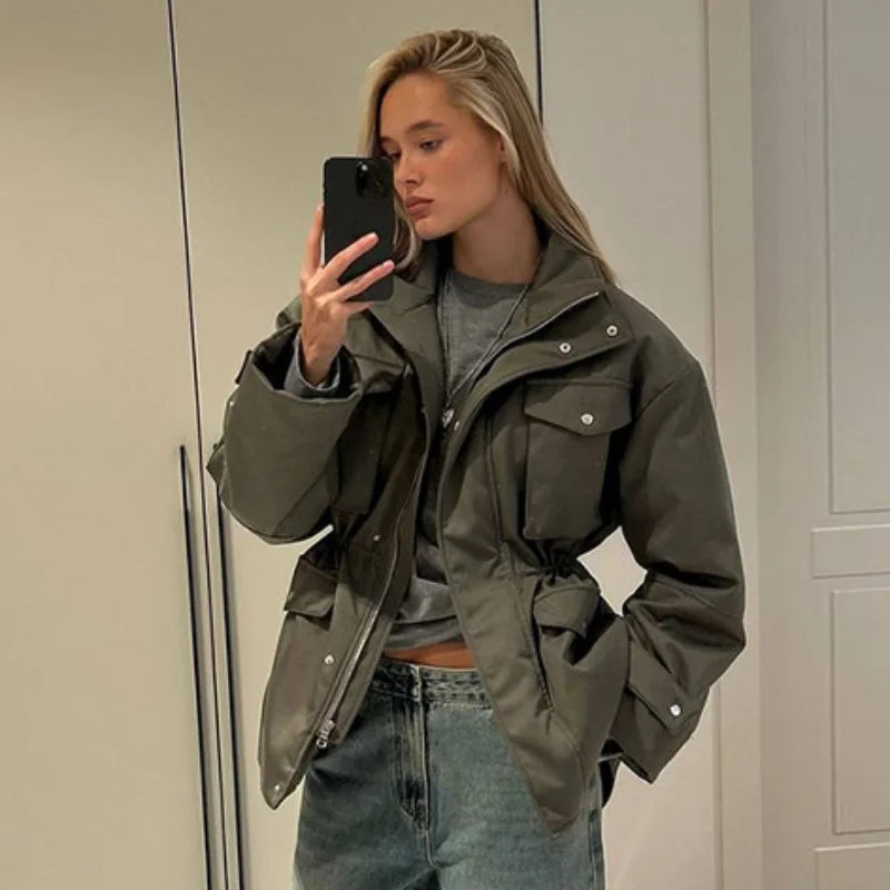 High Neck Zipper Multi Pockets Jacket Woman Solid Color Waist Cinched Long Sleeve Casual Coat Fashion Street Women's New Jackets