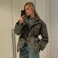 High Neck Zipper Multi Pockets Jacket Woman Solid Color Waist Cinched Long Sleeve Casual Coat Fashion Street Women's New Jackets