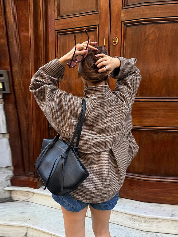 Stand Collar Plaid Short Jacket Woman Single Breasted Long Sleeve Pocket Loose Coats Casual Street Women's New Versatile Jackets