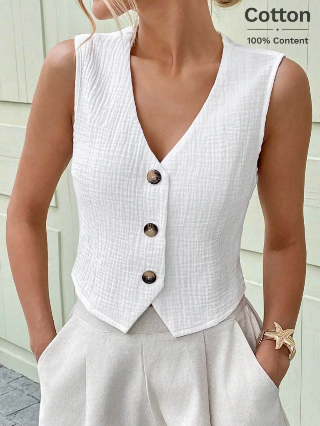 New Arrival Women Pure Cotton Elegant Sleeveless Waistcoat, Minimalist Chic Cropped Vest for Spring Summer