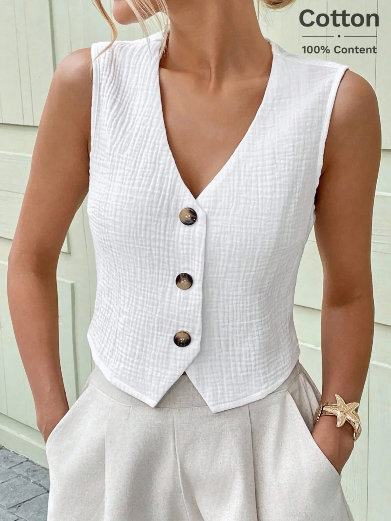 New Arrival Women Pure Cotton Elegant Sleeveless Waistcoat, Minimalist Chic Cropped Vest for Spring Summer