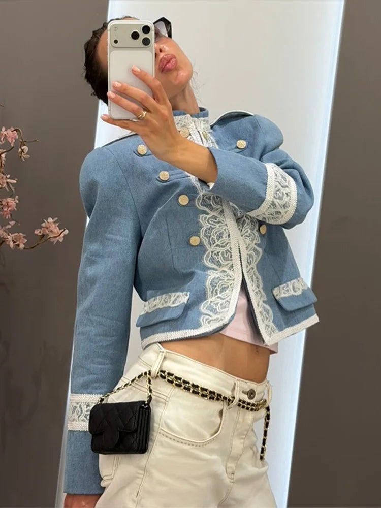 Denim Cropped Jacket Stand Collar Lace Trim Double Metal Buttons  2026 Autumn Chic Fashion Trendy Lady Vintage Party Jackets