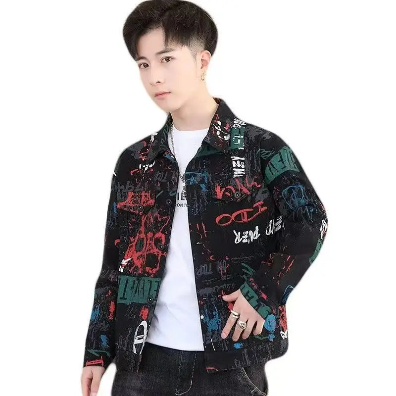 Vintage Loose Men's Print Denim Jacket Spring Autumn Casual Long Sleeve Outerwear Coat
