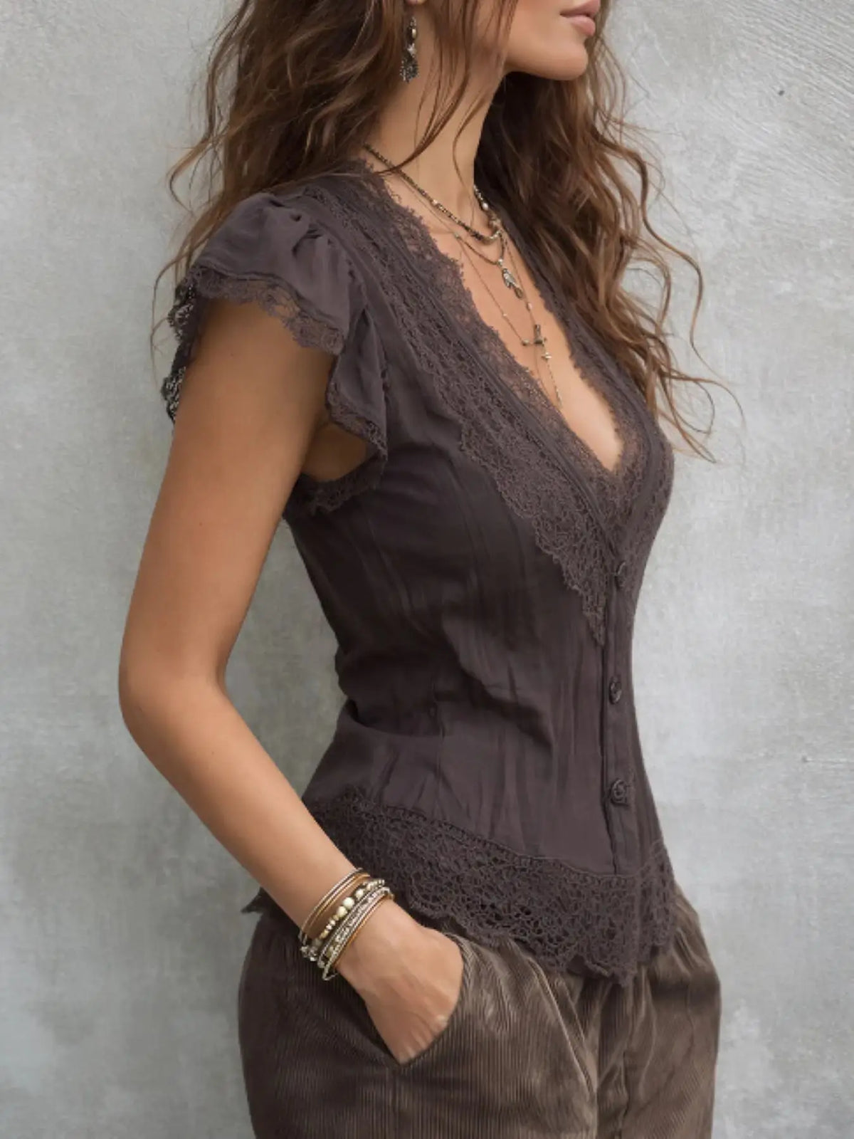 Bohemian Retro Cut Deep V Flowing Sleeves Chiffon Lace Trimmed Shirt Tie Waist Cut Holiday Ladies Elegant Top