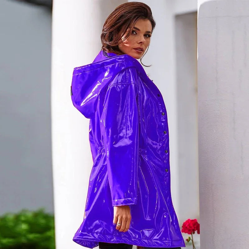 Women Shiny Patent Leather Parka Hood Overcoat With Pocket Faux Latex Long Sleeve Jacket Button Ladies PVC Raincoat New Custom