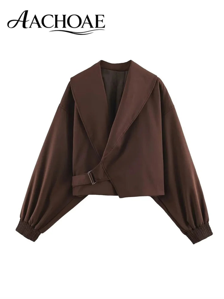 AACHOAE Women Oversized Lapel Cropped Jacket Belted Short Coat Long Sleeve Elastic Cuff Casual Chic Elegant Minimalist Outerwear