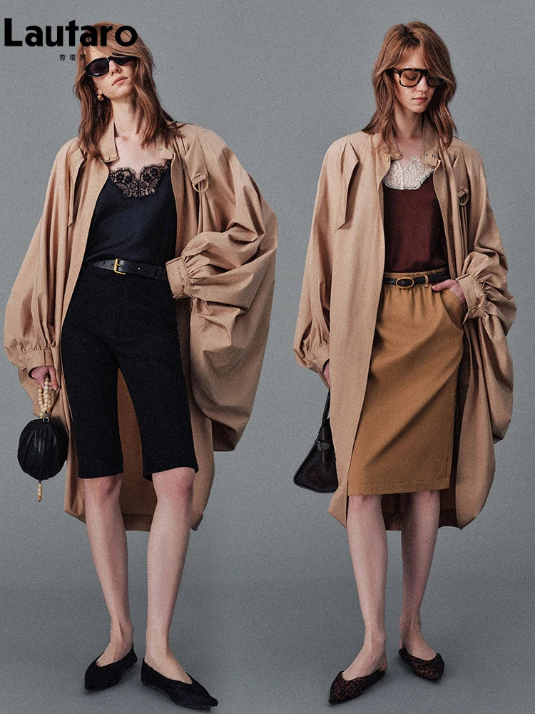 Lautaro Spring Autumn Oversized Long Bat Sleeved Cape-style Trench Coat for Women Loose Casual Chic Korean Fashion Overcoat 2025
