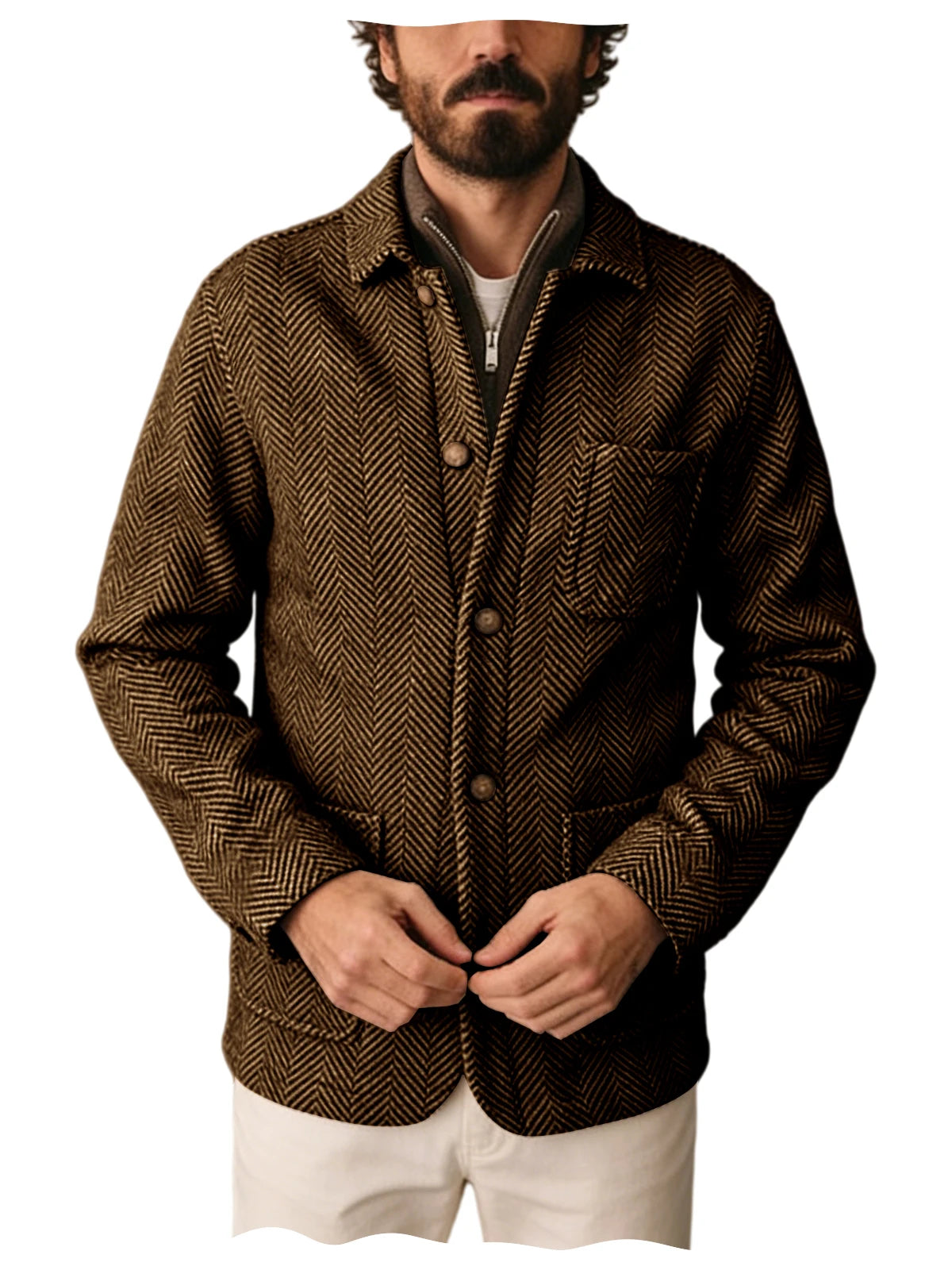 Vintage Men's Herringbone Pattern Blazer Wool Blend Lapel Collar Slim Fit Breathable Jacket Business Casual For DailyWear Office