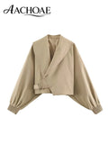 AACHOAE Women Oversized Lapel Cropped Jacket Belted Short Coat Long Sleeve Elastic Cuff Casual Chic Elegant Minimalist Outerwear