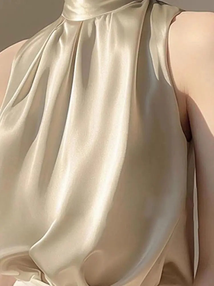 2025 Silkly Satin Sleeveless Crop Top Summer Half Turtleneck Women Pulover Tee Halter Vest Lady Loose Shirts Red party Blouses