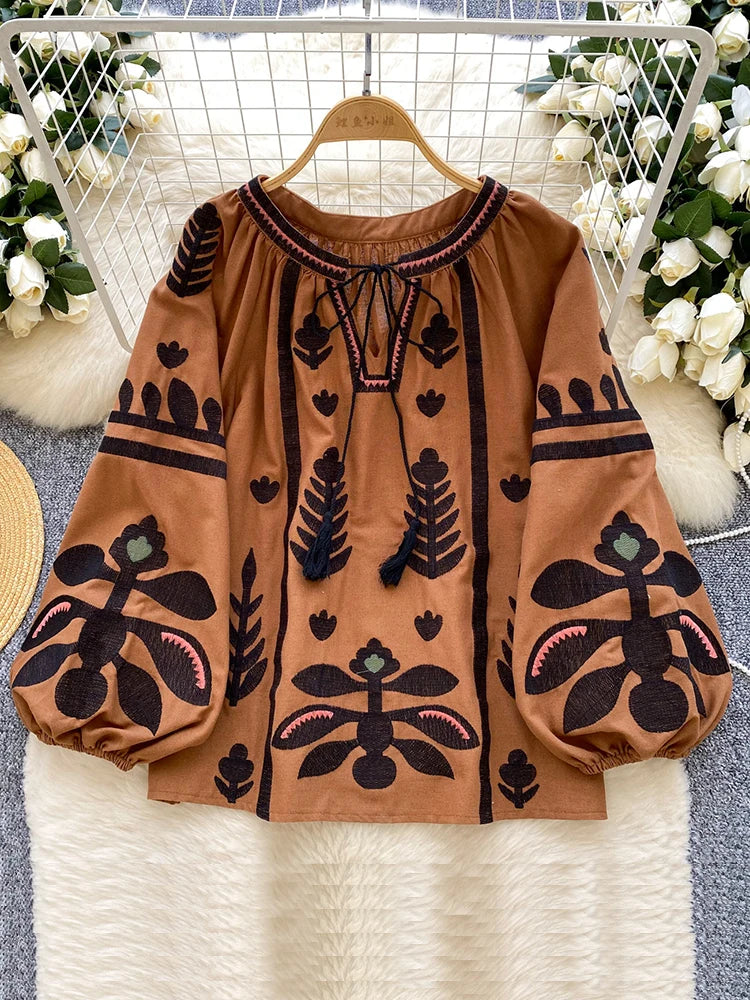 Spring Autumn New Vintage Lantern Sleeve Shirt Women's Embroidered Round Neck Strap Loose Casual Versatile Hoodie Blouse Top D11