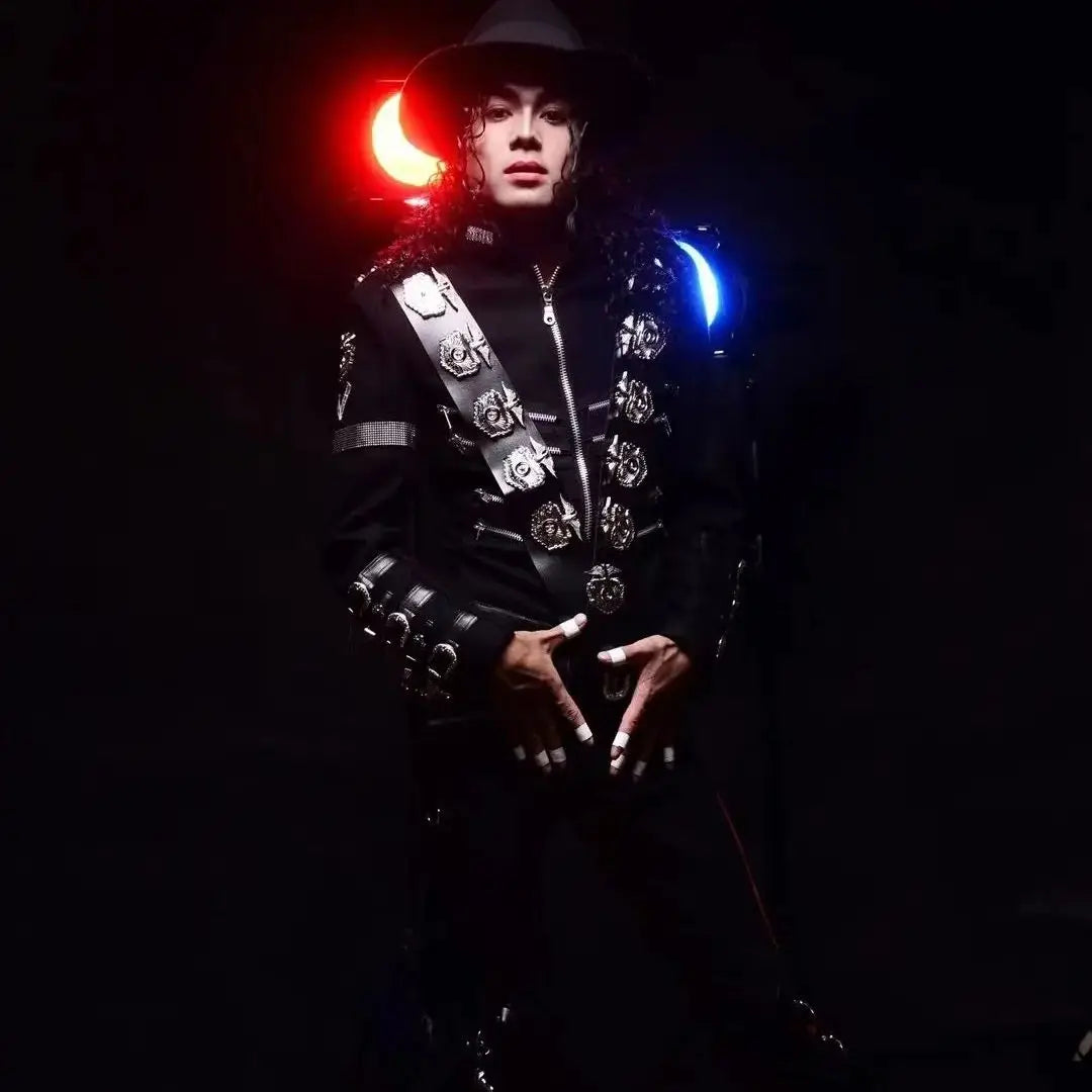 Impersonator Michael Jackson Costumes Jacket Stuff BAD Black With Silver Eagle Badges Punk Metal woolen Clothing