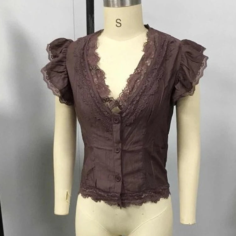 Bohemian Retro Cut Deep V Flowing Sleeves Chiffon Lace Trimmed Shirt Tie Waist Cut Holiday Ladies Elegant Top