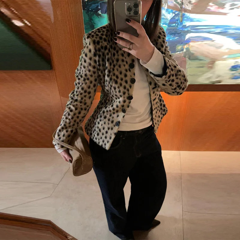 Retro Leopard Faux Fur Short Coat Lady Chic O-neck Single Button Placket Spotted Dot Cropped Long Sleeve Outerwear Street Jacket