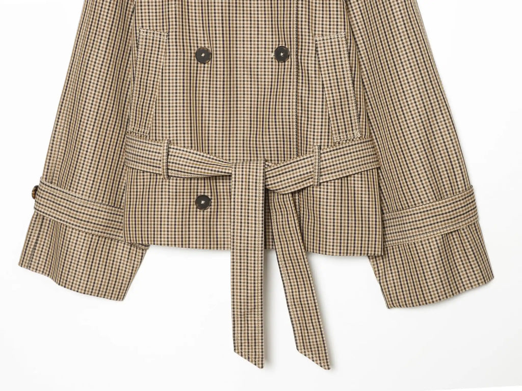 KONDALA Women Trendy Plaid Short Jacket Double Breasted Belt Pockets Jacket New Fashion 2026 Early Fall Streetwear Trench Coat