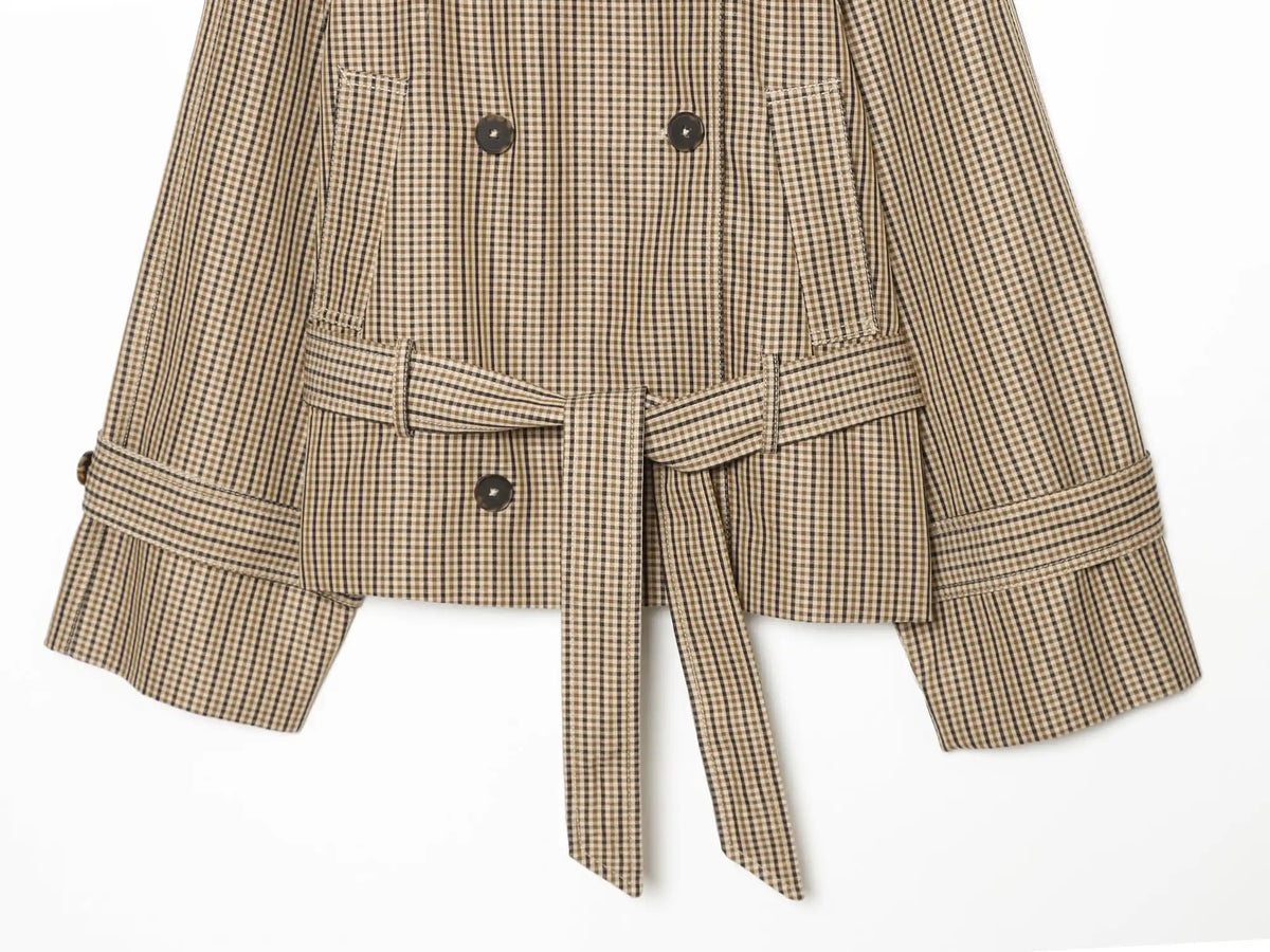 KONDALA Women Trendy Plaid Short Jacket Double Breasted Belt Pockets Jacket New Fashion 2026 Early Fall Streetwear Trench Coat