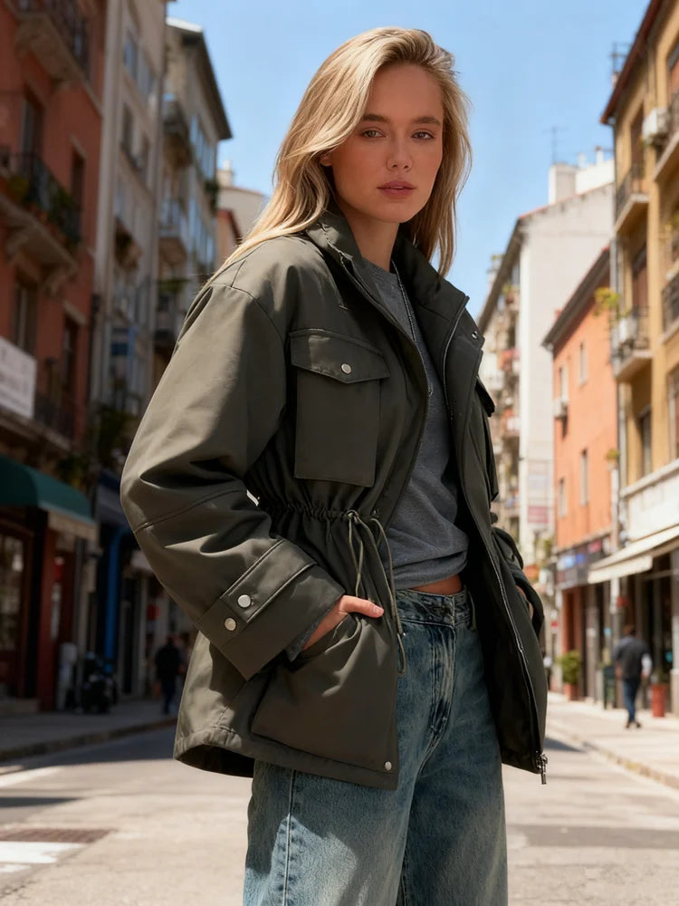 High Neck Zipper Multi Pockets Jacket Woman Solid Color Waist Cinched Long Sleeve Casual Coat Fashion Street Women's New Jackets