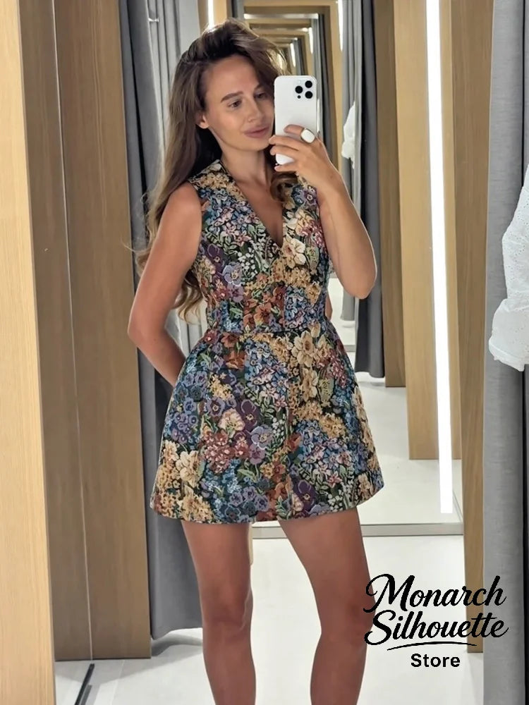 Women's Floral Sleeveless Mini Dress Vintage V-neck Straighten The Hem Slim Short Dresses 2026 Lady Summer Daily Commute Wear