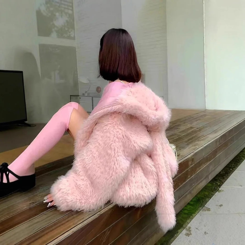 Lamb Fur Jacket Women's Loose Thickened Autumn Winter New Style Environmental Protection Cute Rabbit Ear Double-sided Cotton ...