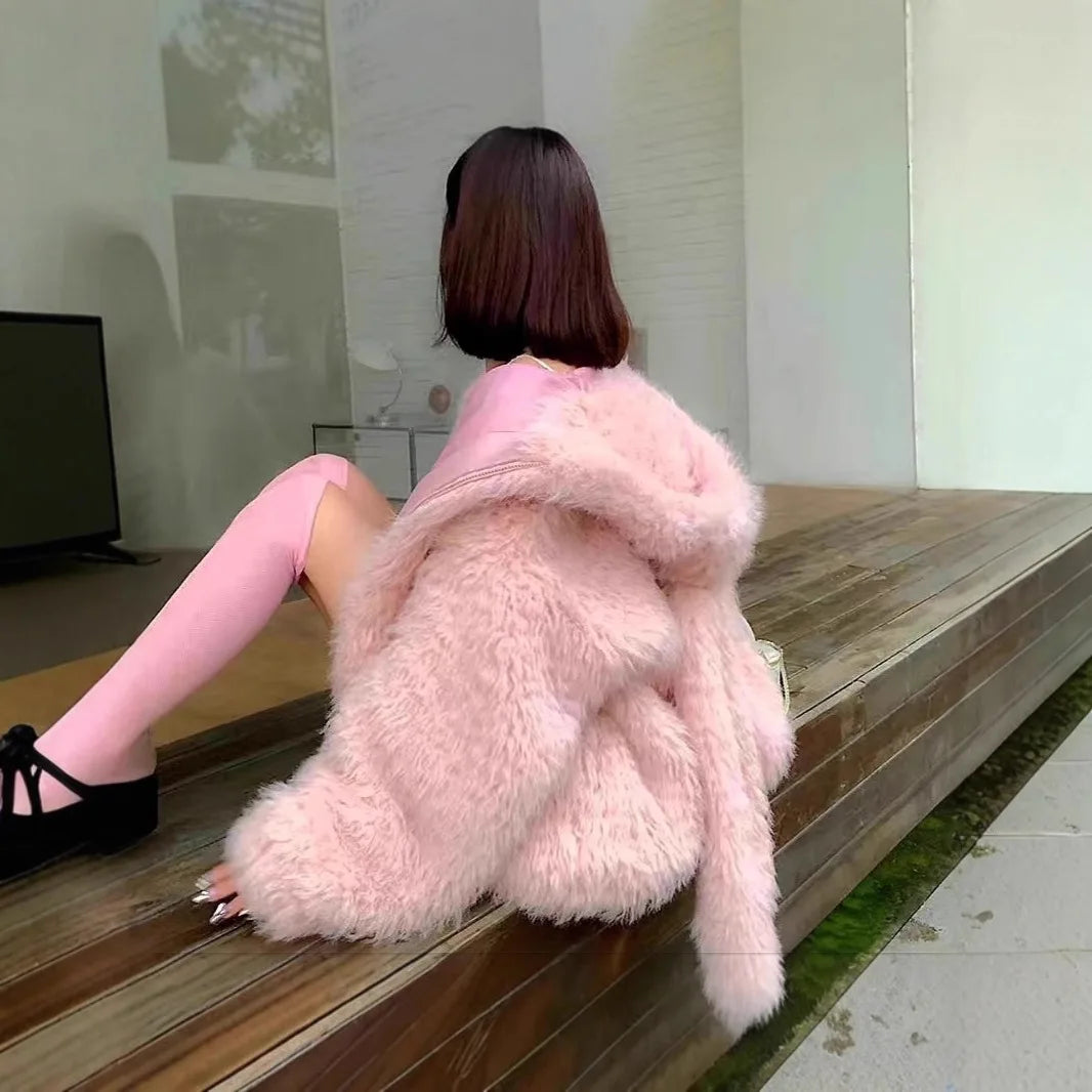 Lamb Fur Jacket Women's Loose Thickened Autumn Winter New Style Environmental Protection Cute Rabbit Ear Double-sided Cotton ...