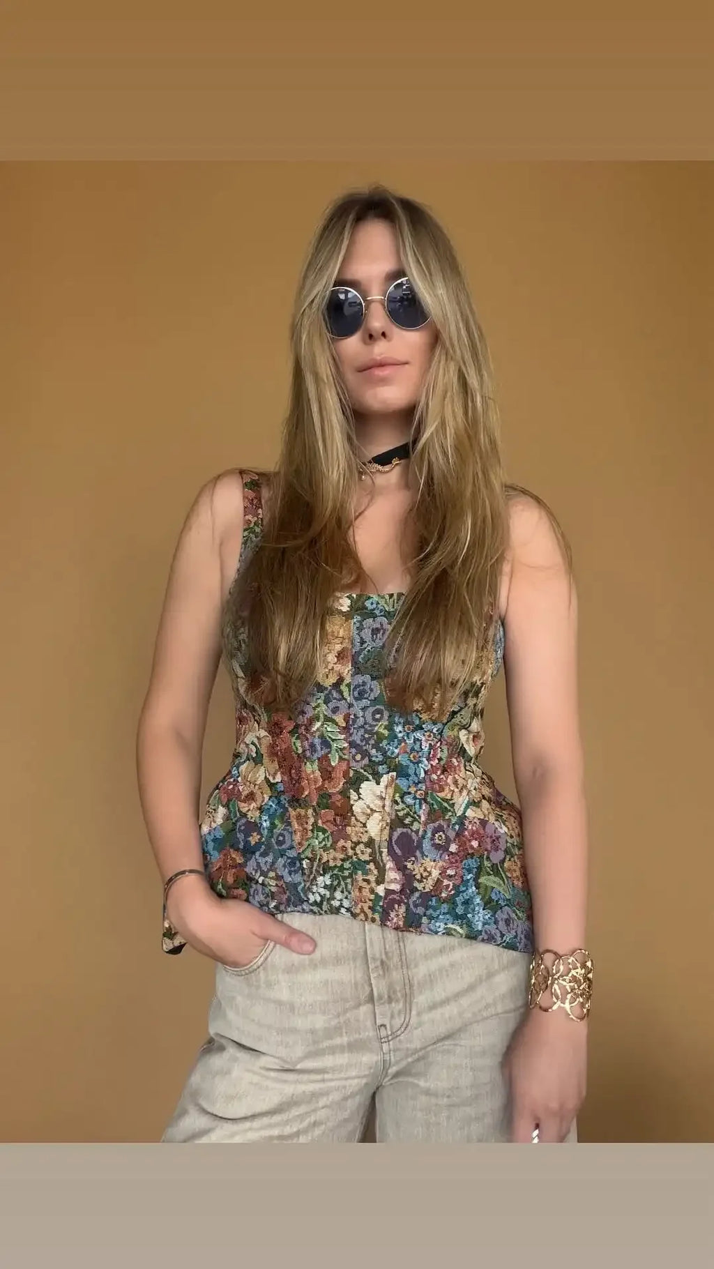 Fashion Sleeveless Spaghetti Strap Top Waist-cinching Vintage Floral Jacquard Vest Spring Summer Forest Cottage Date Outfit