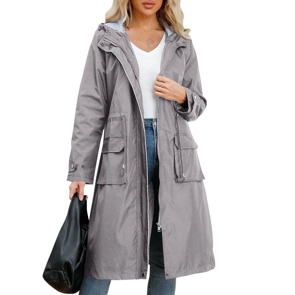 Women's Chic Hooded Long Sleeved Solid Color Trench Coat With Striped And Straight Tube Jacket Elegant British Style Windbreake