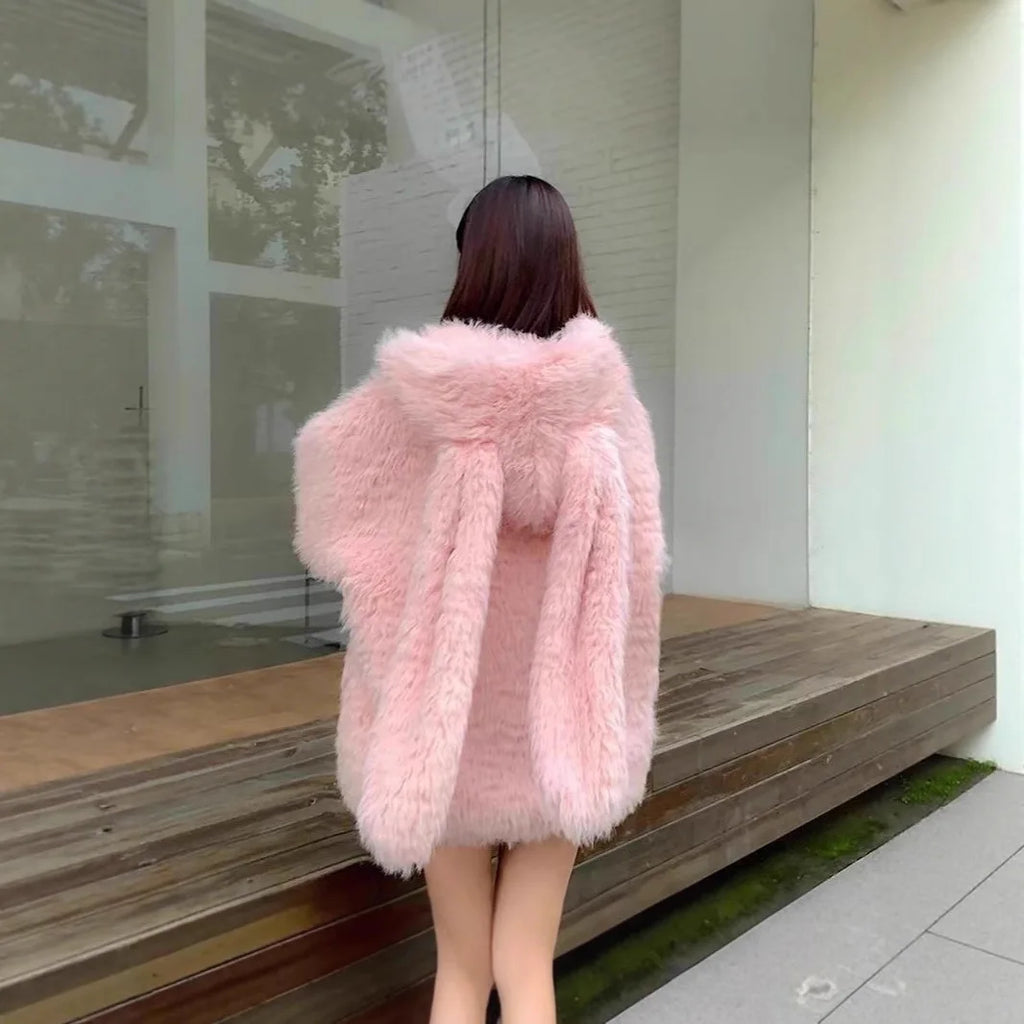 Lamb Fur Jacket Women's Loose Thickened Autumn Winter New Style Environmental Protection Cute Rabbit Ear Double-sided Cotton ...