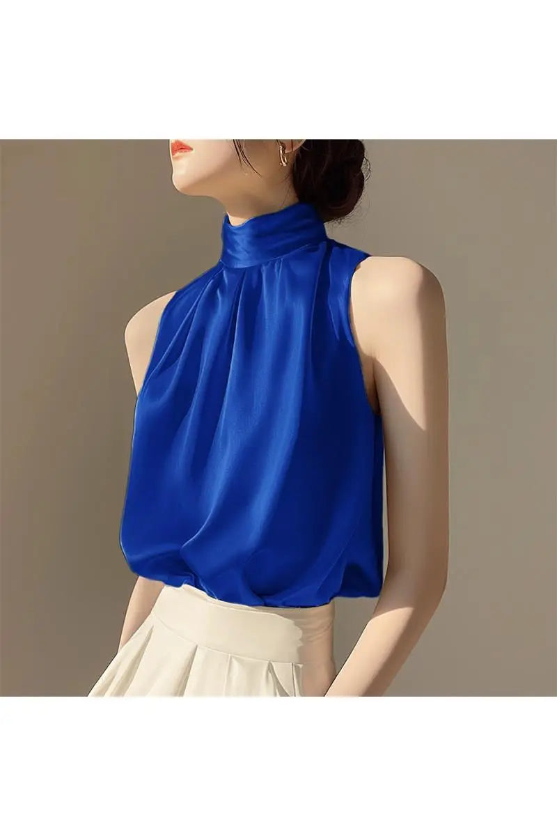 2025 Silkly Satin Sleeveless Crop Top Summer Half Turtleneck Women Pulover Tee Halter Vest Lady Loose Shirts Red party Blouses